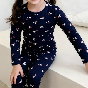 Ensemble Pyjama Chaud en Coton pour Enfants Haut à Manches Longues et Pantalon Couleur Unie Imprimé Floral Vêtements de Maison