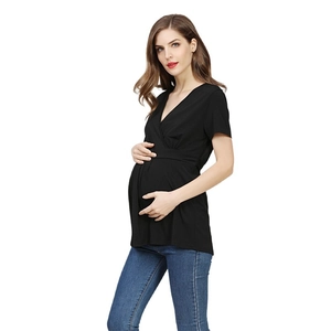 Short sleeve V-neck maternity top in black, elastic wrap style casual pregnant t-shirt