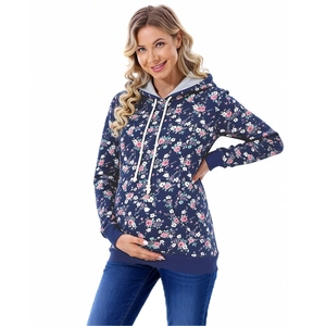 Detail of floral maternity hoodie with breastfeeding access and kangaroo pocket