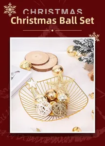 Close-up of golden Christmas ball set with matte and glitter textures in a wire basket