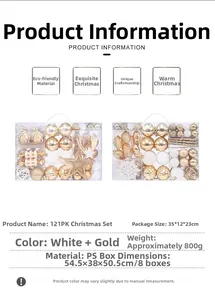 Detail of 121-piece gold and white Christmas tree ornament set in clear packaging box
