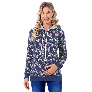 Winter floral maternity hoodie for breastfeeding with thick warm fabric and long sleeves