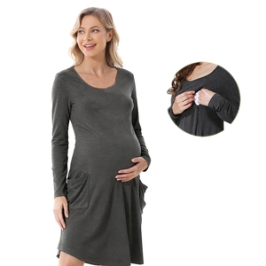 Cotton Maternity Nursing Dress Long Sleeve Round Neck Loose Casual Pregnant Women Dress With Pockets Solid Color Home Wear