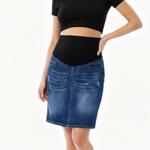 Jupe de Maternité en Jean Taille Haute Soutien Abdominal Réglable Mélange de Coton Jupe en Jean Bodycon Mi-longue pour Femmes Enceintes