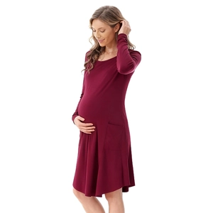 Long sleeve burgundy maternity dress with round neck and side pockets for casual wear