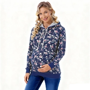 Detail of navy floral maternity hoodie with nursing access and kangaroo pocket