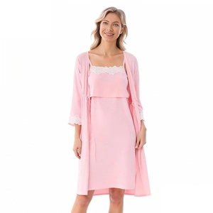 Close-up of pink maternity sleepwear set with white wave lace trim on sleeves and hem
