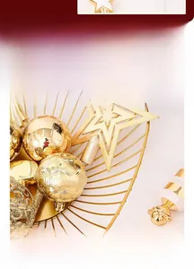 Detail of luxury gold Christmas baubles set featuring shiny and geometric textured ornaments
