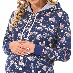Close-up of floral nursing hoodie with adjustable drawstring for maternity winter wear