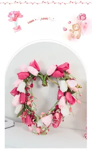 Detail showing heart-shaped tulip wreath with pink and white petals on vine base