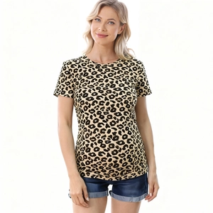 Close-up of nursing T-shirt featuring leopard print and practical zipper nursing access