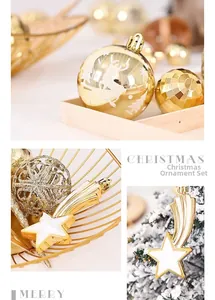 Detailed champagne gold Christmas ornament set with reindeer patterns and star shaped hangers