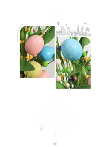 Detailed close-up of colorful Easter egg floral picks with speckled texture and green leaves