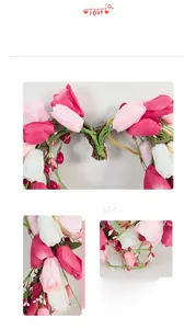 Detail of heart-shaped tulip wreath with silk flowers and natural rattan base