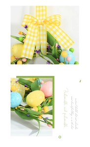Close-up of Easter wreath featuring colorful eggs, green leaves and a yellow plaid bow