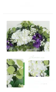 Detailed view of artificial eucalyptus leaves and purple silk flowers for door wreaths