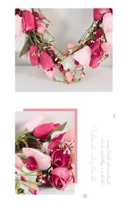 Close-up of pink and white tulip heart wreath with berry details and rattan base