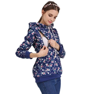 Detail of hidden breastfeeding opening on floral printed hoodie for nursing moms