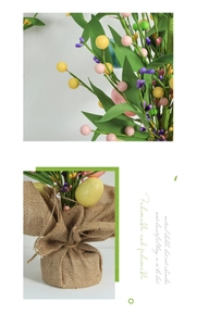 Detail of Easter egg floral pick featuring colorful berries and burlap wrapped base