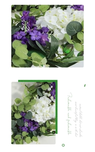 Macro detail of artificial wreath with purple violet flowers and green eucalyptus leaves
