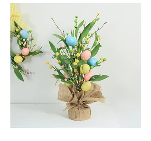 Macro detail of Easter egg branch with berries and rustic burlap base for home decor