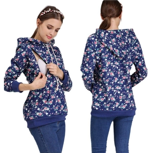 Floral print breastfeeding hoodie for winter, long sleeves with nursing opening in navy blue