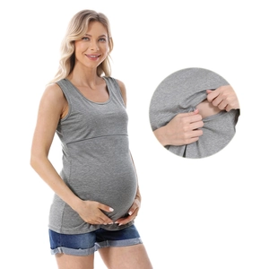 Women's Maternity Nursing Tank Top Cotton Blend Sleeveless Round Neck Solid Color Breastfeeding Vest Top For Pregnancy Postpartum