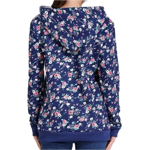 Winter floral print maternity nursing hoodie in navy blue with drawstring hood back view