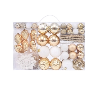 121pcs gold and white Christmas ball set with assorted pine cones and snowflakes in box