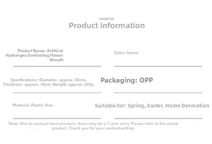 Detailed parameter chart for 50cm green artificial hydrangea wreath made of rattan