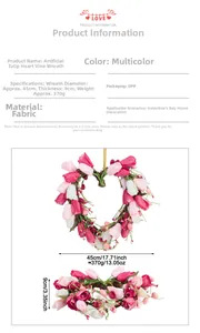 Detail view of heart-shaped tulip wreath showing 45cm diameter and 9cm thickness specs