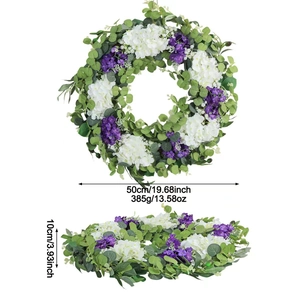 50cm artificial spring wreath with white hydrangeas and purple violets for front door