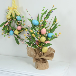 Easter Egg Tree Tabletop Ornament With Burlap Base Simulation Berry Stems Spring Home Decor For Holiday Party Easter Decoration