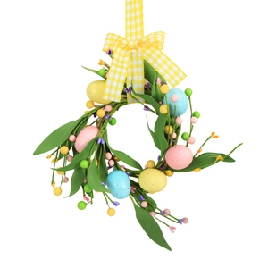 Easter wreath with faux colorful eggs and checkered bow on white background