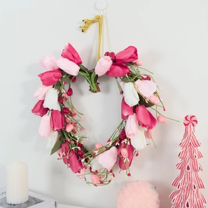Heart-Shaped Artificial Tulip Wreath Pink White Silk Flower Valentine's Day Decoration For Home Front Door Wall Hanging