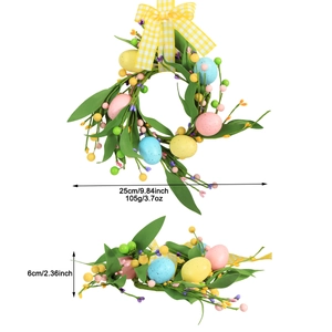 Easter wreath with pastel eggs and yellow plaid bow, 25cm artificial berry wall decor