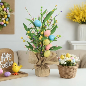 Easter egg berry cuttings with burlap base and woven basket for spring home decoration