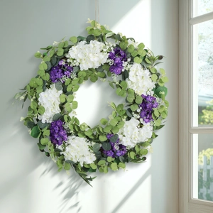 Artificial Flower Wreath With White Hydrangea Purple Violet Eucalyptus Leaves For Mothers Day Spring Home Wall Decor Garland