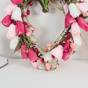 Heart shaped tulip wreath with pink and white silk flowers for Valentine wall decor