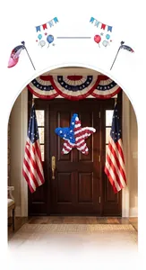 Patriotic star-shaped wreath with red white and blue roses on a dark wooden door