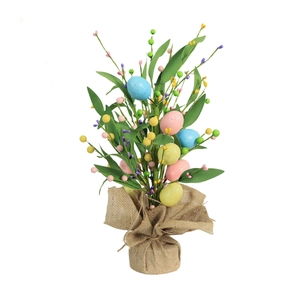 Easter egg floral picks with colorful berries and leaves in a rustic burlap base