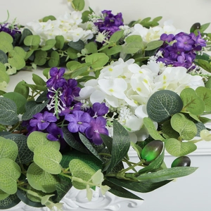 Artificial hydrangea wreath with violet flowers and green eucalyptus for home door decor