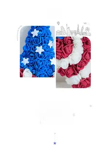 Macro detail of red, white, and blue foam roses with white star on Independence Day decor