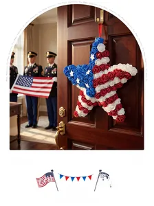 Detail of Fourth of July star-shaped wreath with red white blue foam roses on wooden door