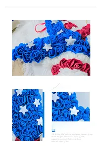 Detail of Independence Day wreath showing red white and blue foam roses with white stars
