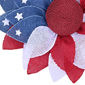 Patriotic burlap sunflower wreath with red white and blue stars and stripes decor