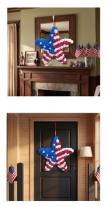 Close-up of Independence Day star wreath with red, white, and blue artificial roses