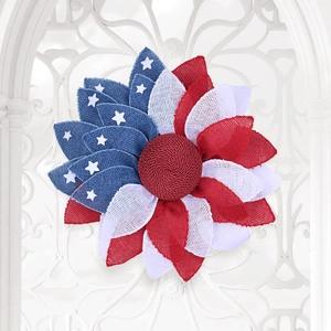 Detailed texture of patriotic burlap wreath with red white and blue stars and stripes petals