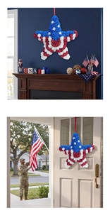 Independence Day star wreath with red, white and blue roses on door and fireplace