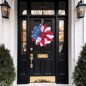 Patriotic sunflower wreath with US flag stars and stripes on a black front door